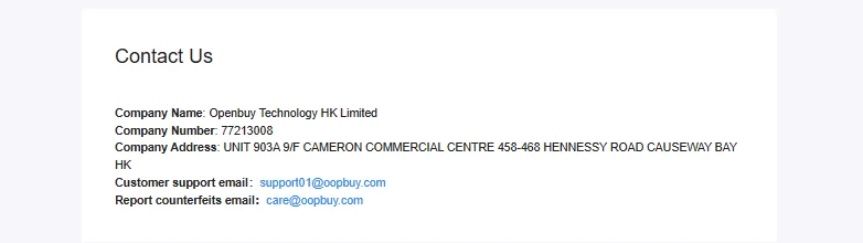 Screenshot of Oopbuy's Contact Us page with the company name, number, address, support email and counterfeit report email