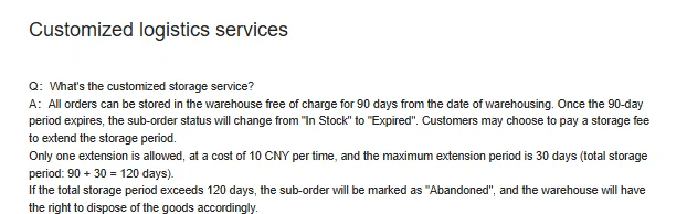 Screenshot of the Oopbuy Customized logistics services page: free for 90 days from warehousing, one extension of 10 CNY, maximum 30 days, total 120 days, then Abandoned