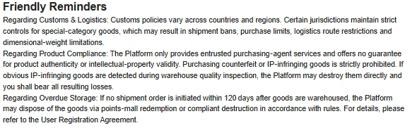 Screenshot of the Friendly Reminders block in Oopbuy's Shopping Guidelines, ending with the overdue storage rule: no shipment order within 120 days, disposal via points-mall redemption or compliant destruction