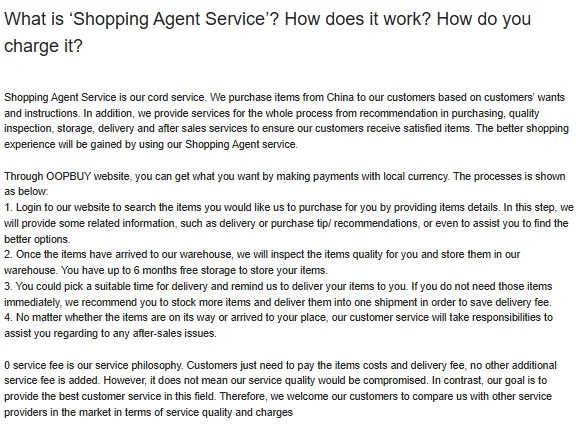 Screenshot of the Oopbuy helper article What is Shopping Agent Service, with step 2 saying you have up to 6 months free storage