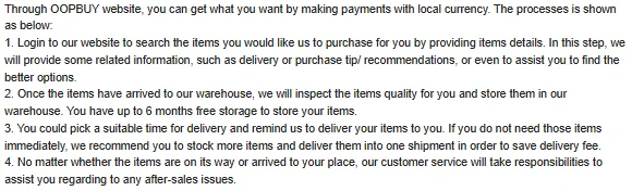 Screenshot of steps one to four of Oopbuy's helper article, with step two ending in the sentence about up to 6 months free storage