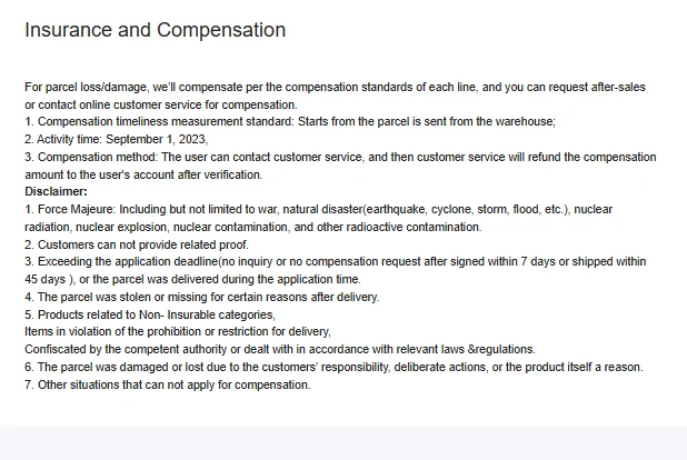 Screenshot of Oopbuy's Insurance and Compensation page with compensation rules and the list of disclaimers, including the 7 and 45 day claim limits