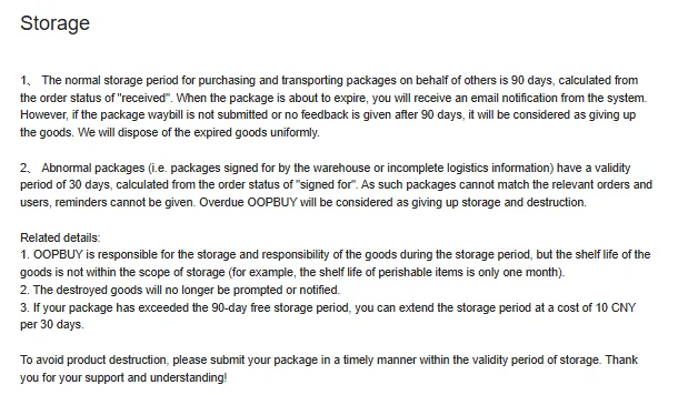 Screenshot of the Oopbuy Storage help page showing the 90-day storage period, the 30-day abnormal package rule and the 10 CNY per 30 days extension