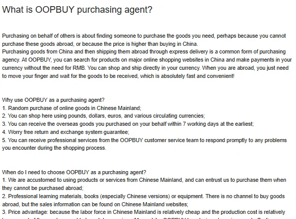 Screenshot of Oopbuy's article What is OOPBUY purchasing agent, listing reasons to use it and when you might need it