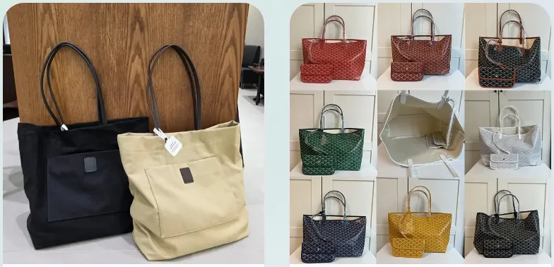 Handbags: black and beige canvas totes and a grid of patterned tote bags