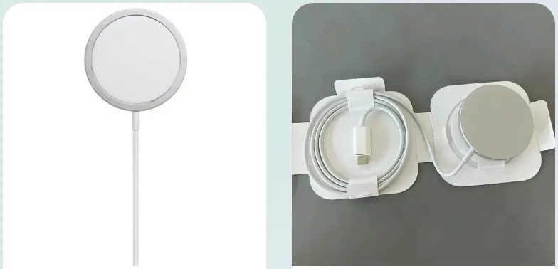 Chargers & earbuds: a round wireless charging pad and a charger with its coiled cable