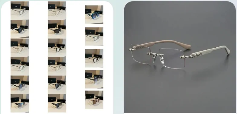 Sunglasses: rows of glasses frames and a pair of rimless optical frames