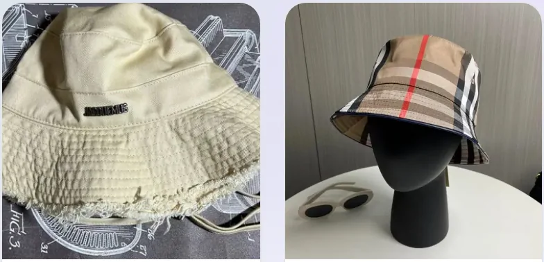 Beanies & caps: a beige bucket hat with a frayed brim and a check bucket hat on a stand