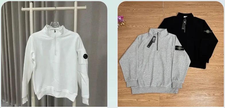 Hoodies & zip-ups: a white half-zip sweatshirt and grey and black quarter-zip sweatshirts