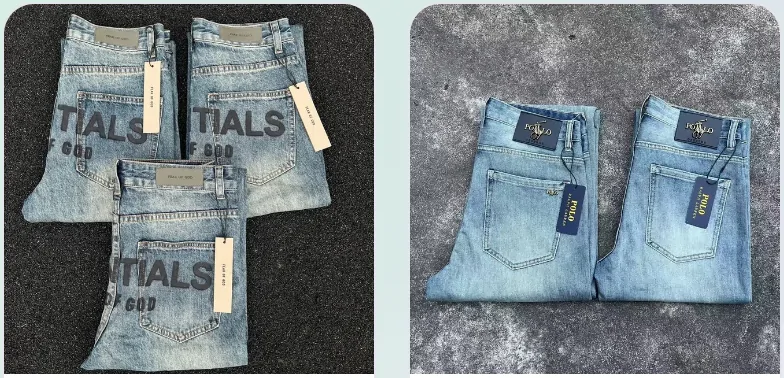 Denim: stacked light-wash jeans and a pair of blue jeans laid flat