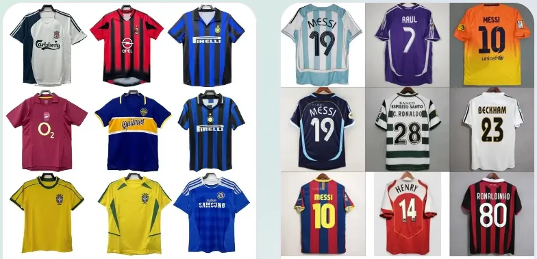 Football shirts: a grid of classic football shirts and a grid of retro shirts with names