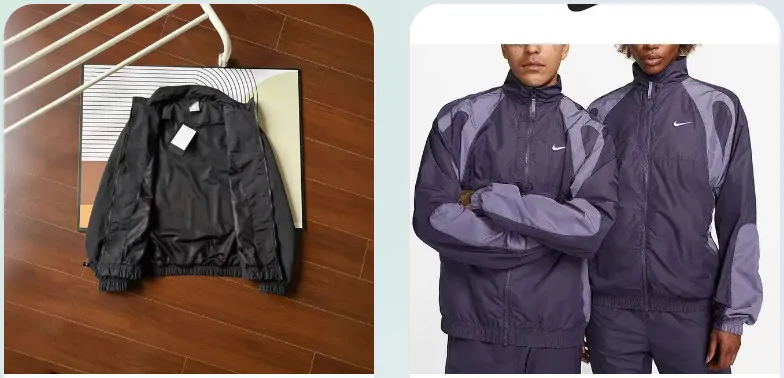 Jackets: a black windbreaker on a hanger and two models in purple track jackets