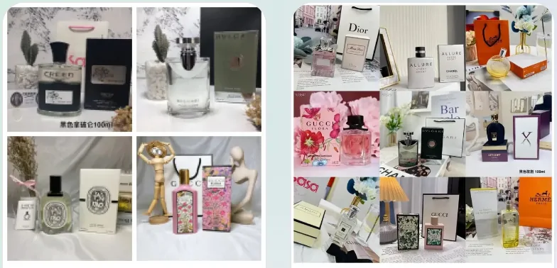 Fragrance: fragrance bottles beside their boxes and a grid of perfume displays