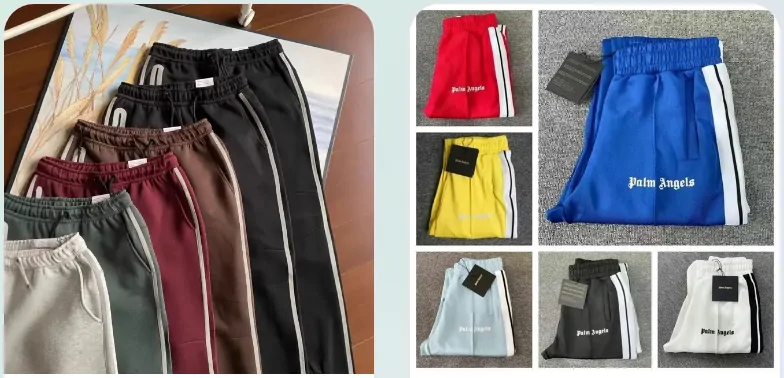 Track pants & joggers: track pants in many colours and striped track pants laid out in a grid