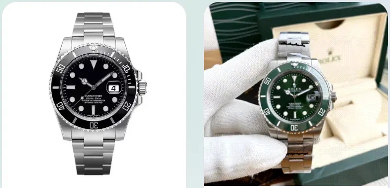 Watches: a steel diver watch with a black bezel and a green-bezel diver watch in a box