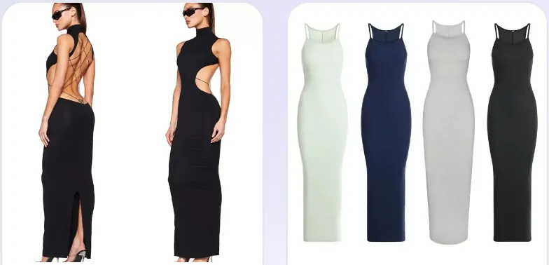 Womenswear: a black backless maxi dress and four ribbed slip dresses